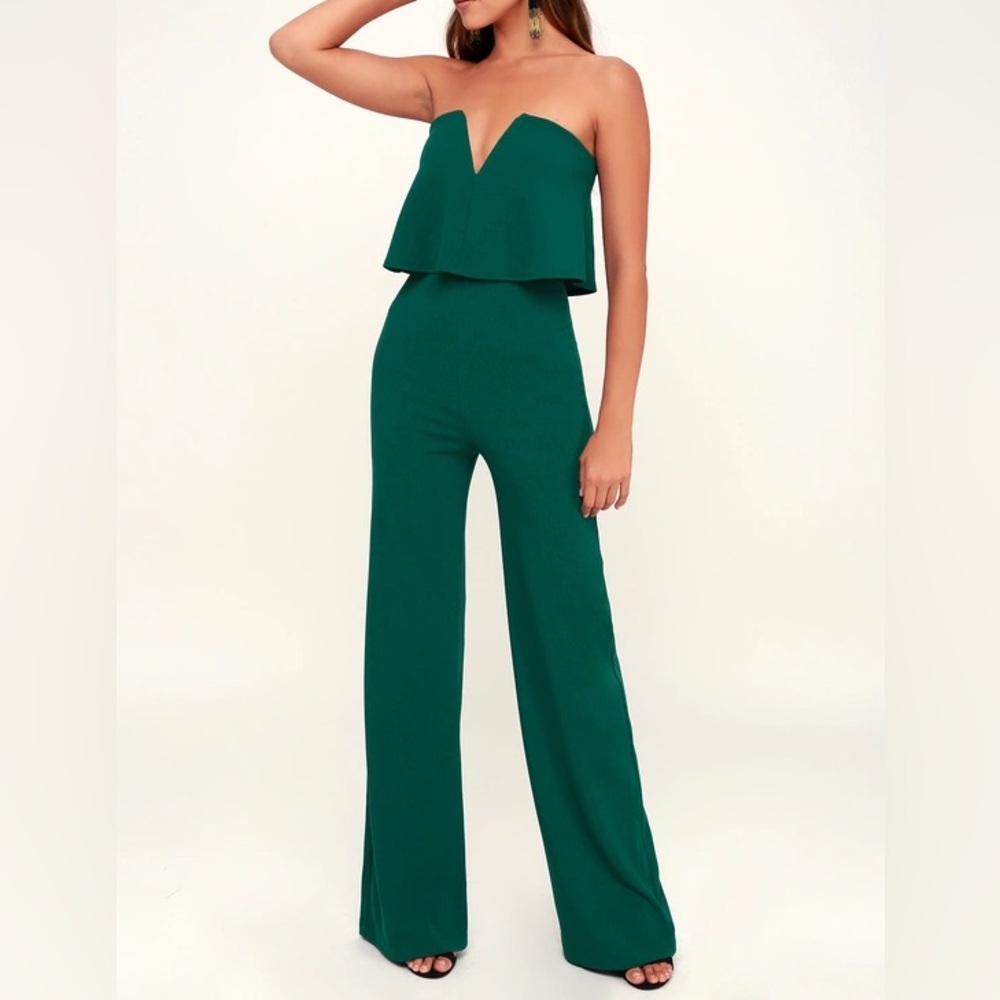 Lulus Power of Love Green Strapless Flare Leg Jumpsuit